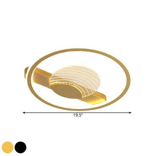 Modern Minimalistic Ceiling Lamp: Metallic Circle and Line Design, LED Flush Mount Fixture for Bedroom, 16"/19.5" Diameter, Black/Gold with Warm/White Light