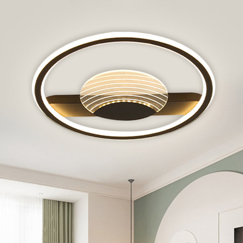 Modern Minimalistic Ceiling Lamp: Metallic Circle and Line Design, LED Flush Mount Fixture for Bedroom, 16"/19.5" Diameter, Black/Gold with Warm/White Light