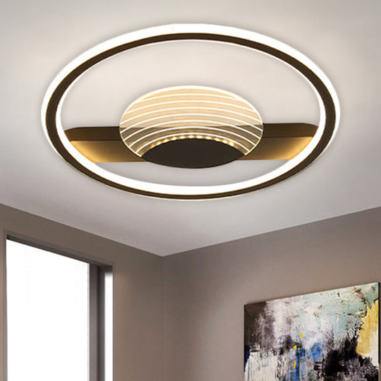 Modern Minimalistic Ceiling Lamp: Metallic Circle and Line Design, LED Flush Mount Fixture for Bedroom, 16"/19.5" Diameter, Black/Gold with Warm/White Light