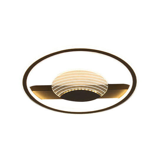 Modern Minimalistic Ceiling Lamp: Metallic Circle and Line Design, LED Flush Mount Fixture for Bedroom, 16"/19.5" Diameter, Black/Gold with Warm/White Light