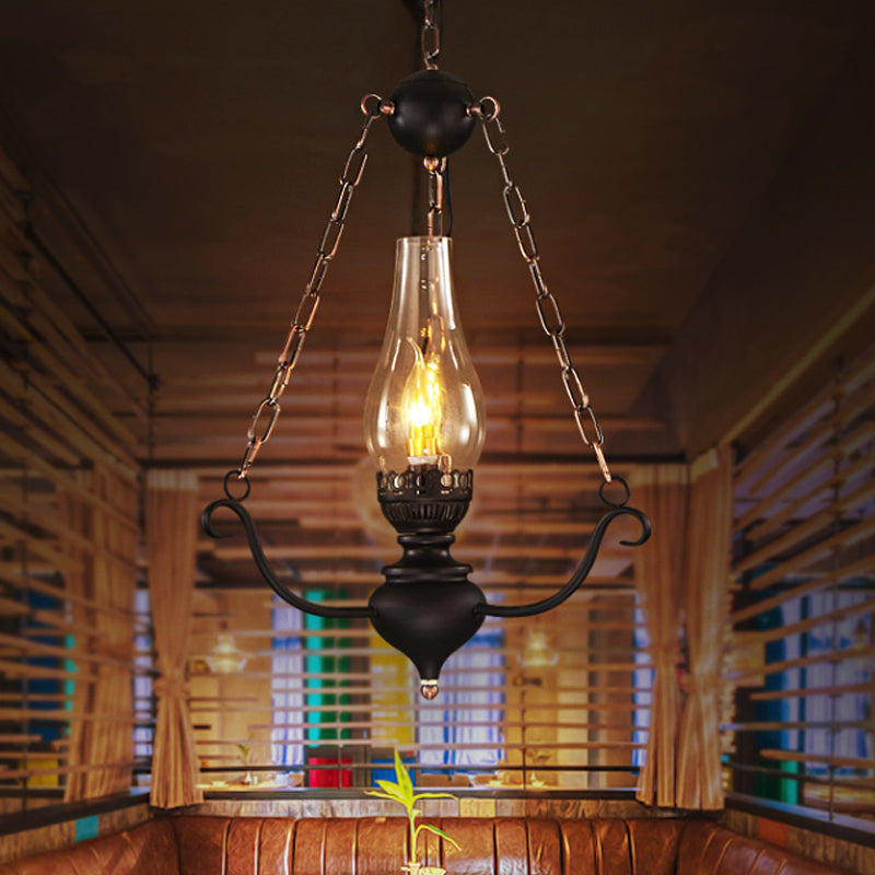 1-Head Farmhouse Pendant Lamp Kit with Chain Decor – Clear Glass, Elongated Design, Black Finish
