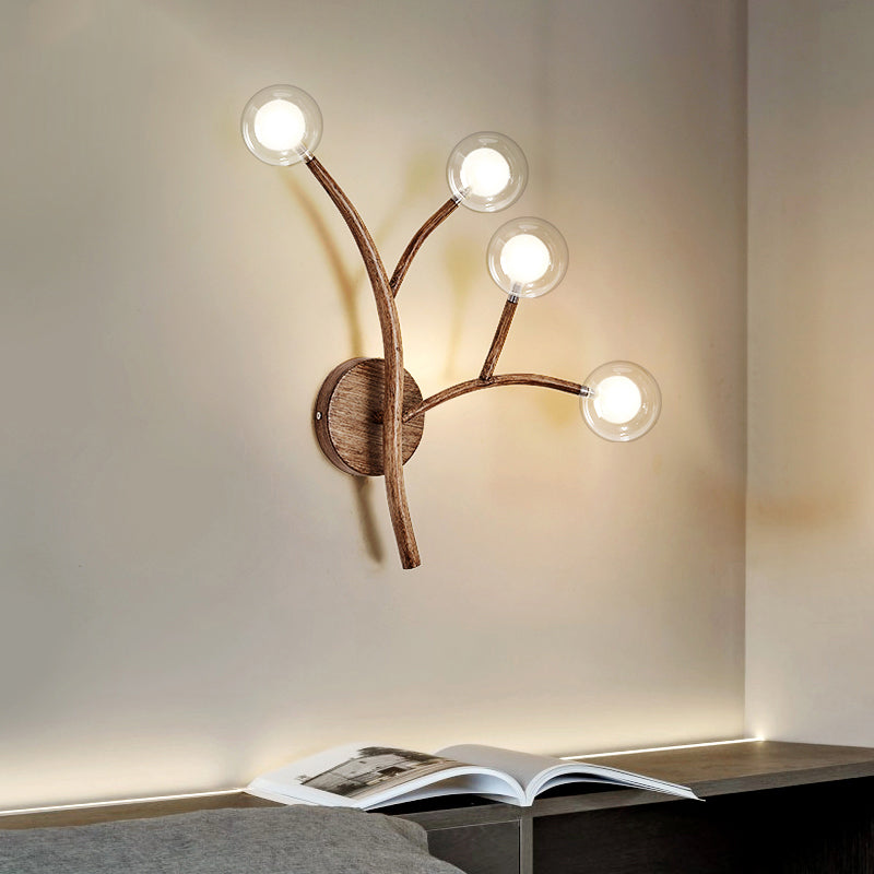 Rustic Wooden Wall Sconce Lighting with Clear Glass Shade - Farmhouse Style