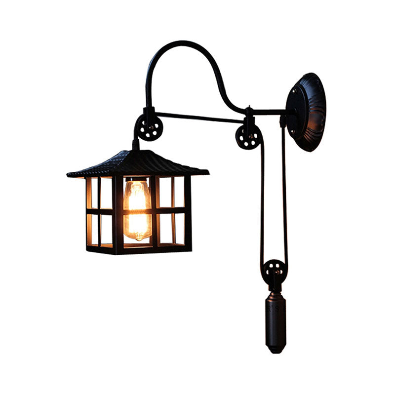 Farmhouse-Style Metal Wall Lamp with Pulley and 1 Light - Square/Rectangle Cage Indoor Décor in Black