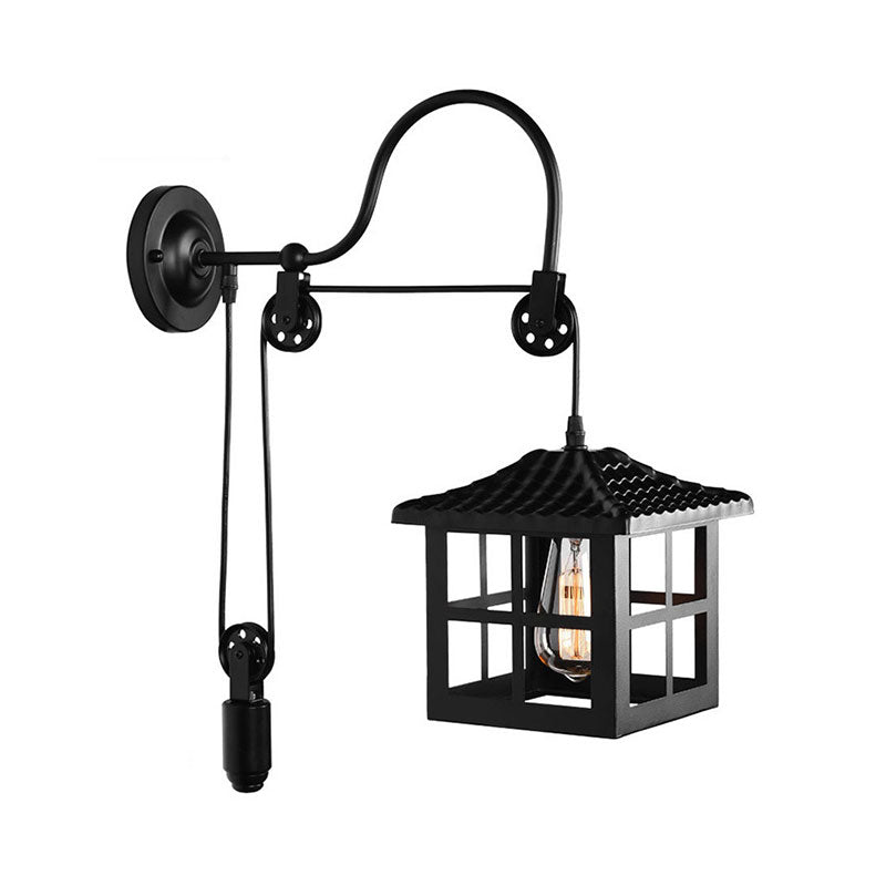 Farmhouse-Style Metal Wall Lamp with Pulley and 1 Light - Square/Rectangle Cage Indoor Décor in Black