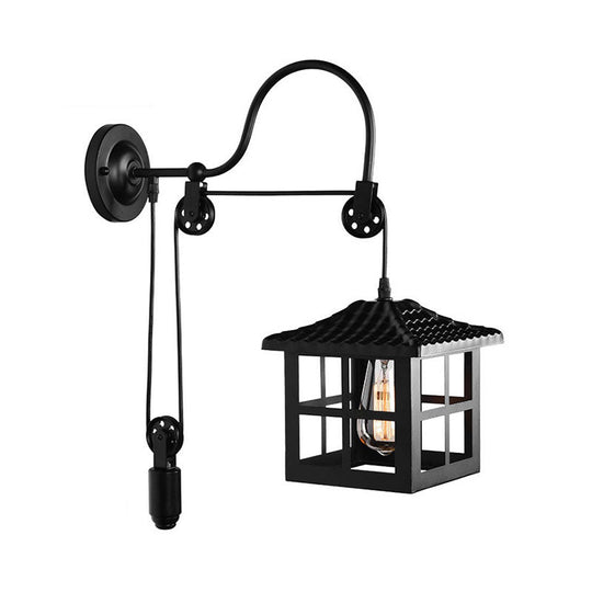 Farmhouse-Style Metal Wall Lamp with Pulley and 1 Light - Square/Rectangle Cage Indoor Décor in Black