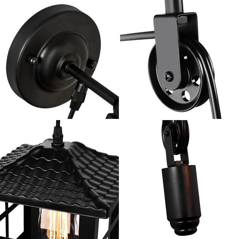 Farmhouse-Style Metal Wall Lamp with Pulley and 1 Light - Square/Rectangle Cage Indoor Décor in Black