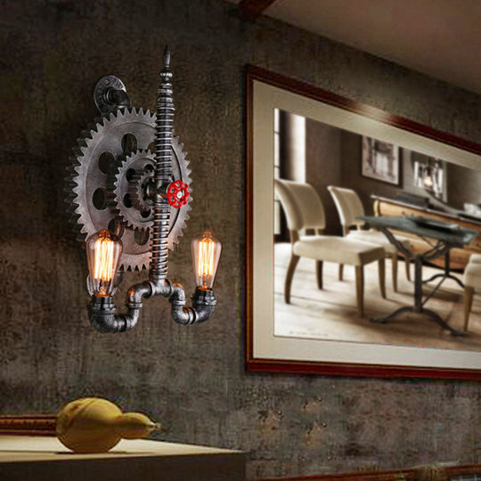 Farmhouse Black Finish Wall Lamp with Gear Design - 2-Light Open Bulb, Metallic - Mountable Over Table