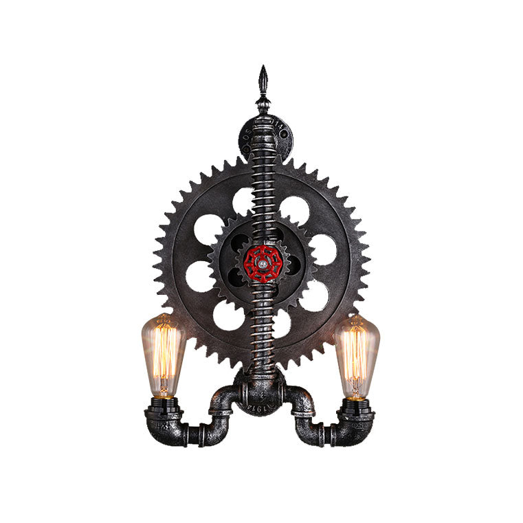 Farmhouse Black Finish Wall Lamp with Gear Design - 2-Light Open Bulb, Metallic - Mountable Over Table