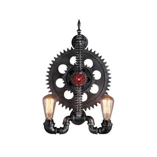 Farmhouse Black Finish Wall Lamp with Gear Design - 2-Light Open Bulb, Metallic - Mountable Over Table