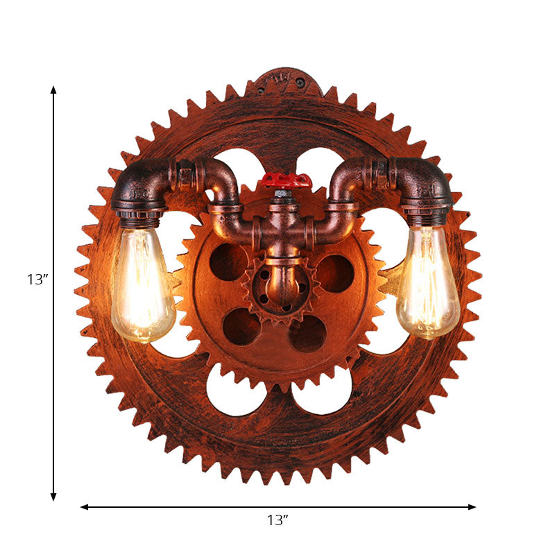 Vintage Style 2-Light Farmhouse Wall Sconce with Iron Exposed Bulbs, Copper Finish and Gear Decoration