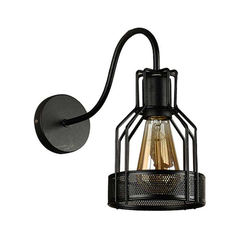 Gooseneck Arm Black Metal Wall Mount Light - Bottle Cage Industrial Wall Sconce Lighting