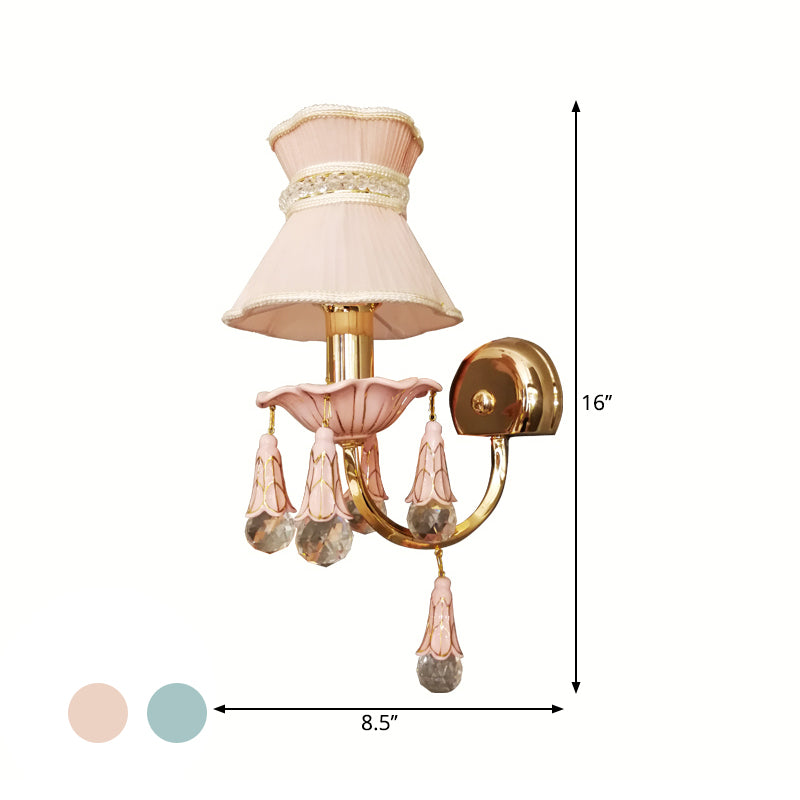 Kids' Fabric Cone Wall Mount Light - Pink/Blue Wall Lamp with Crystal Orbit Decor