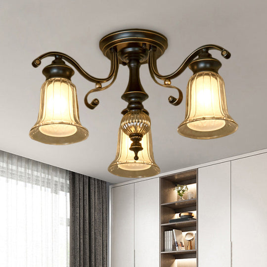 Dual Bell Clear & Opal Glass Semi Flush Mount - 3/6 Bulbs Ceiling Fixture Cottage - Black
