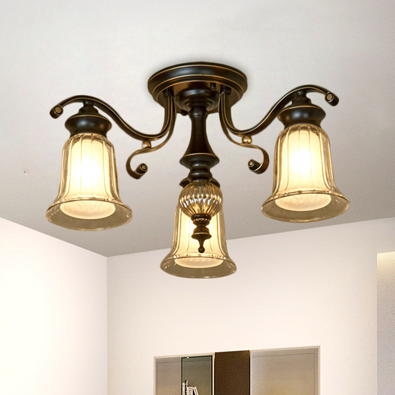 Dual Bell Clear & Opal Glass Semi Flush Mount - 3/6 Bulbs Ceiling Fixture Cottage - Black
