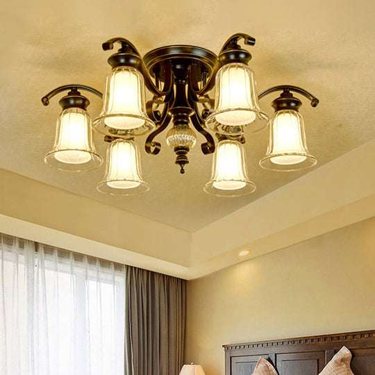 Dual Bell Clear & Opal Glass Semi Flush Mount - 3/6 Bulbs Ceiling Fixture Cottage - Black