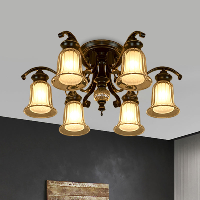 Dual Bell Clear & Opal Glass Semi Flush Mount - 3/6 Bulbs Ceiling Fixture Cottage - Black