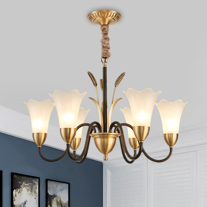 Traditional Blossom Chandelier Lamp - Cream Glass Suspension Lighting Fixture with Curved Arm in Brass