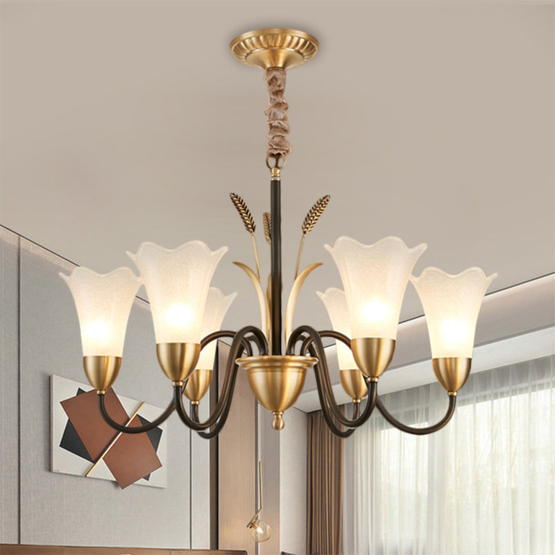 Traditional Blossom Chandelier Lamp - Cream Glass Suspension Lighting Fixture with Curved Arm in Brass