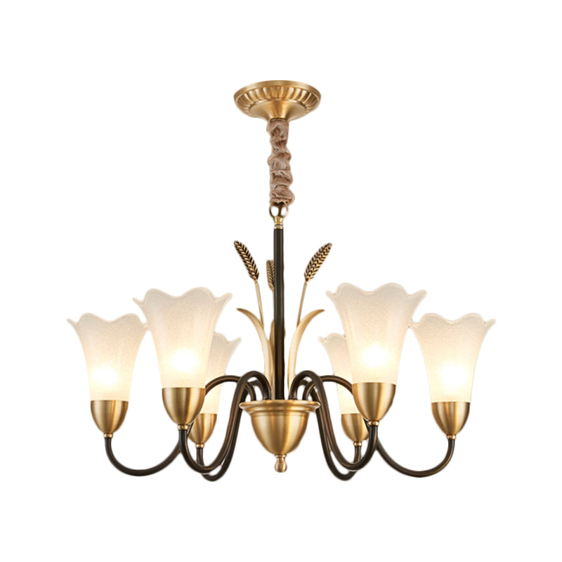 Traditional Blossom Chandelier Lamp - Cream Glass Suspension Lighting Fixture with Curved Arm in Brass