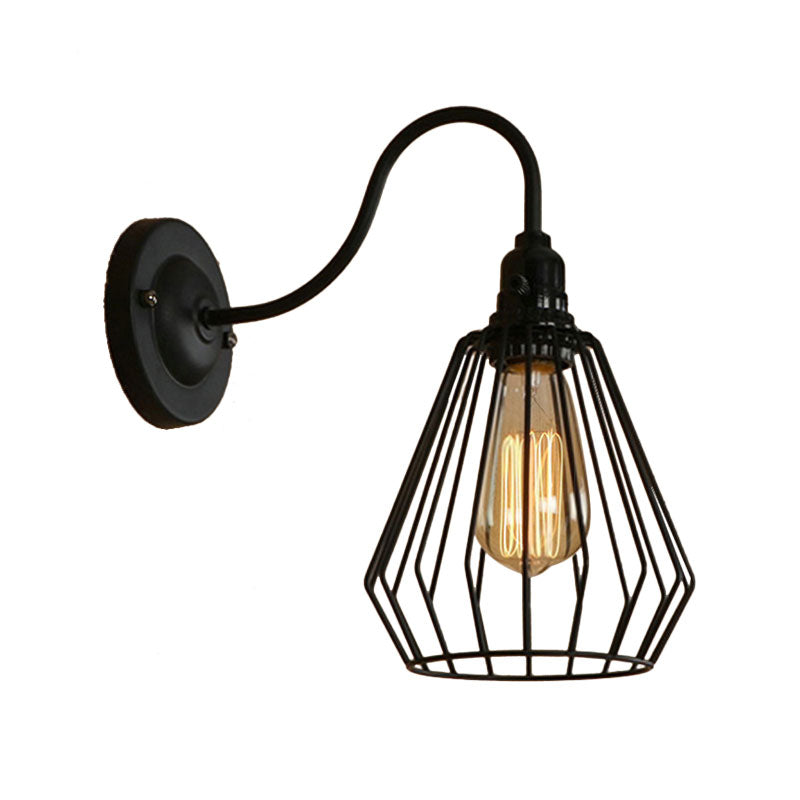 Industrial 1-Head Black Gooseneck Wall Light with Cage Shade for Living Room