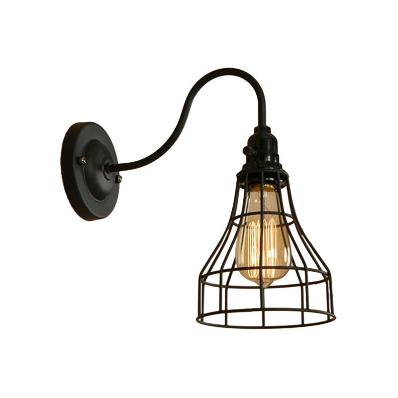 Industrial 1-Head Black Gooseneck Wall Light with Cage Shade for Living Room