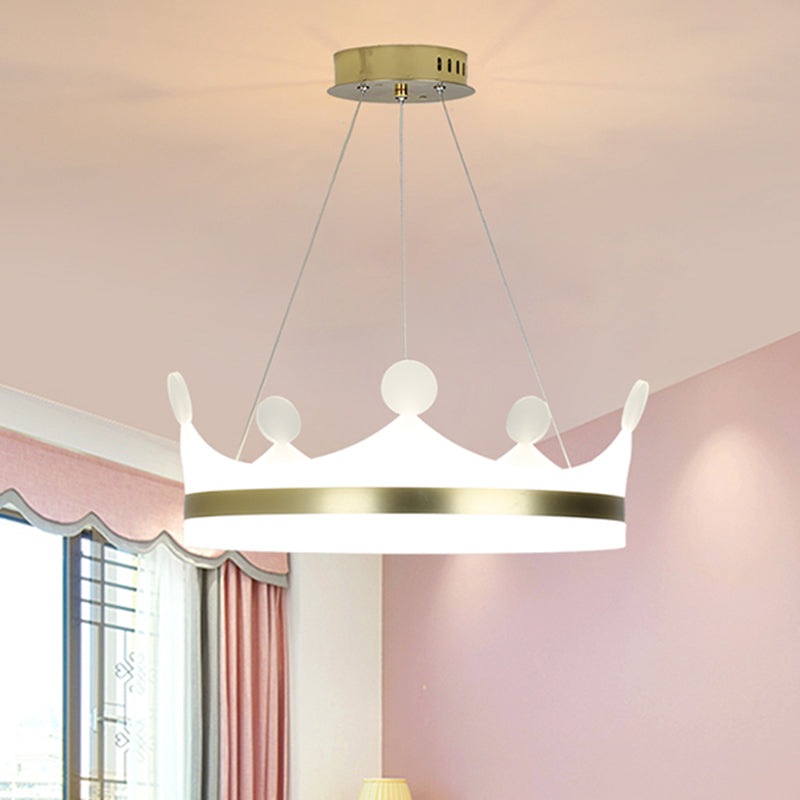 Gold Metallic Kids Crown Hanging Lamp - LED Chandelier for Girls Bedroom - Warm/White Light