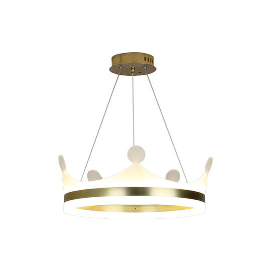 Gold Metallic Kids Crown Hanging Lamp - LED Chandelier for Girls Bedroom - Warm/White Light