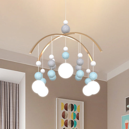 Cartoon White Glass Globe Chandelier Light with Pink/Blue Hanging Pendant - 5-Bulb Design - Small Ball Decor