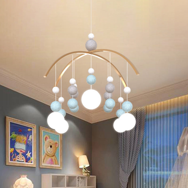 Cartoon White Glass Globe Chandelier Light with Pink/Blue Hanging Pendant - 5-Bulb Design - Small Ball Decor
