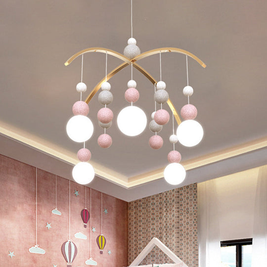 Cartoon White Glass Globe Chandelier Light with Pink/Blue Hanging Pendant - 5-Bulb Design - Small Ball Decor