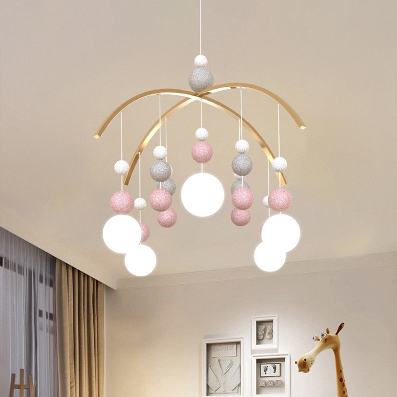 Cartoon White Glass Globe Chandelier Light with Pink/Blue Hanging Pendant - 5-Bulb Design - Small Ball Decor