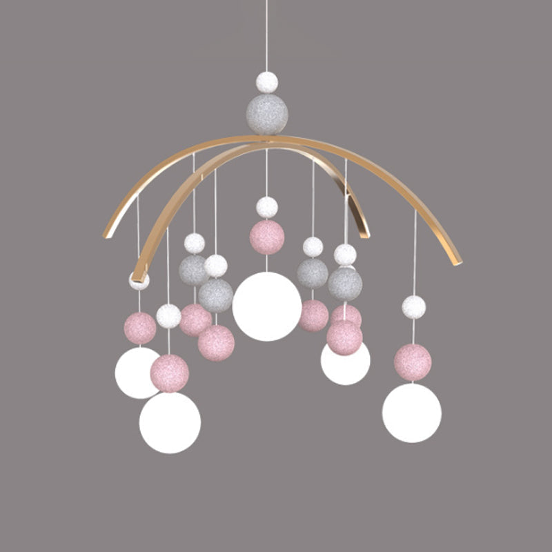 Cartoon White Glass Globe Chandelier Light with Pink/Blue Hanging Pendant - 5-Bulb Design - Small Ball Decor
