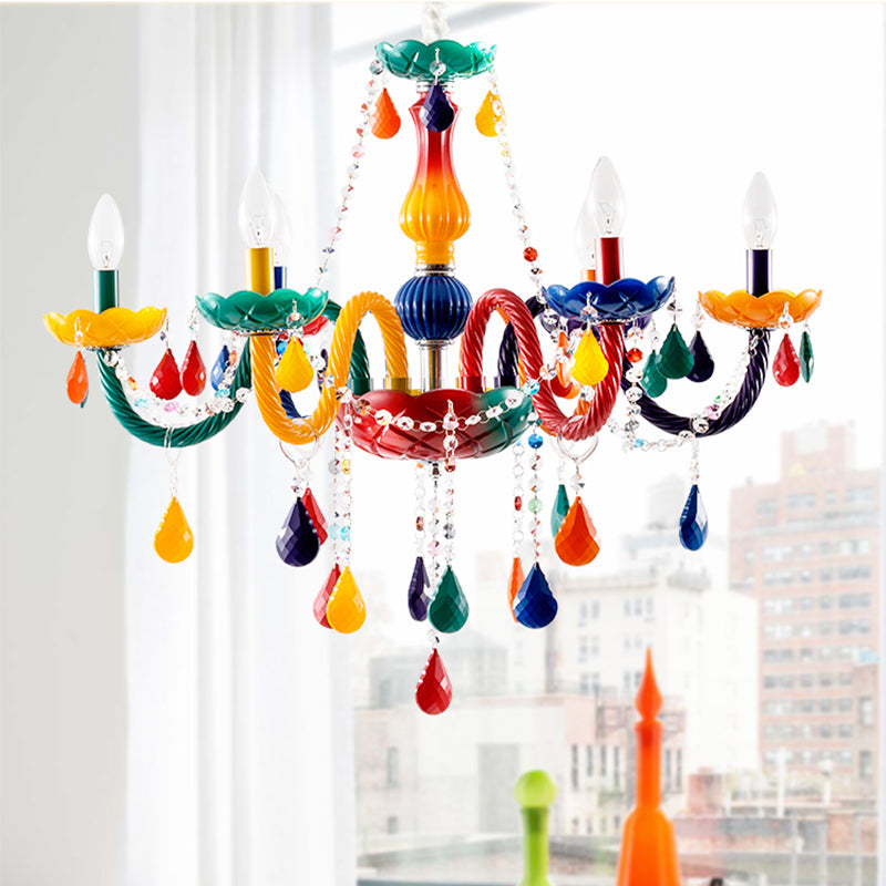 Adjustable Chain Kids Crystal Candle Chandelier with 6 Red and Yellow Bulbs