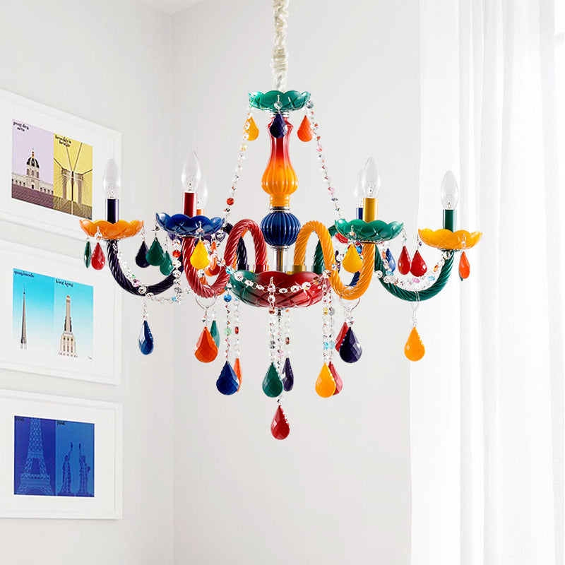Adjustable Chain Kids Crystal Candle Chandelier with 6 Red and Yellow Bulbs