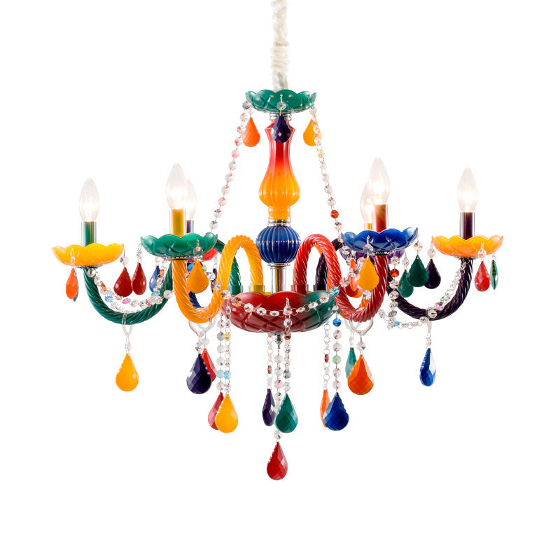 Adjustable Chain Kids Crystal Candle Chandelier with 6 Red and Yellow Bulbs