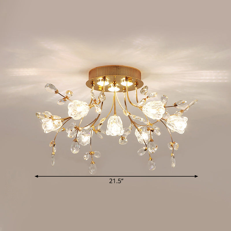 Modernist Crystal Semi Flush Mount Lighting: Blossom Great Room Ceiling Fixture in Gold, 7 Heads