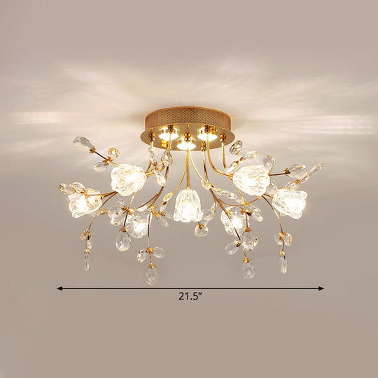 Modernist Crystal Semi Flush Mount Lighting: Blossom Great Room Ceiling Fixture in Gold, 7 Heads
