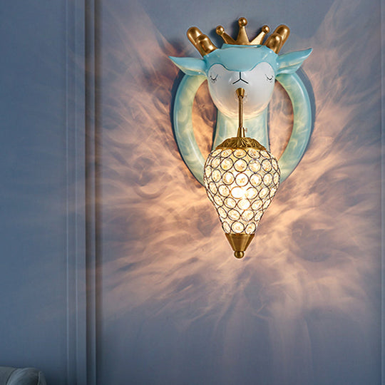 Teardrop Metal Wall Sconce with Deer Backplate - Bedroom Kids Wall Mounted Light (1 Bulb) in Pink/Blue