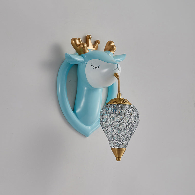 Teardrop Metal Wall Sconce with Deer Backplate - Bedroom Kids Wall Mounted Light (1 Bulb) in Pink/Blue