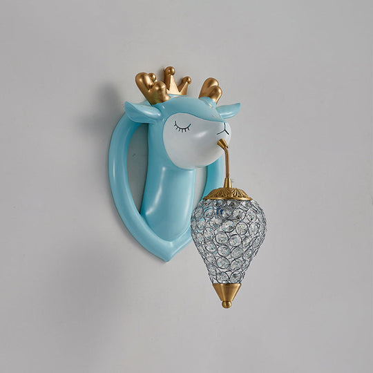 Teardrop Metal Wall Sconce with Deer Backplate - Bedroom Kids Wall Mounted Light (1 Bulb) in Pink/Blue