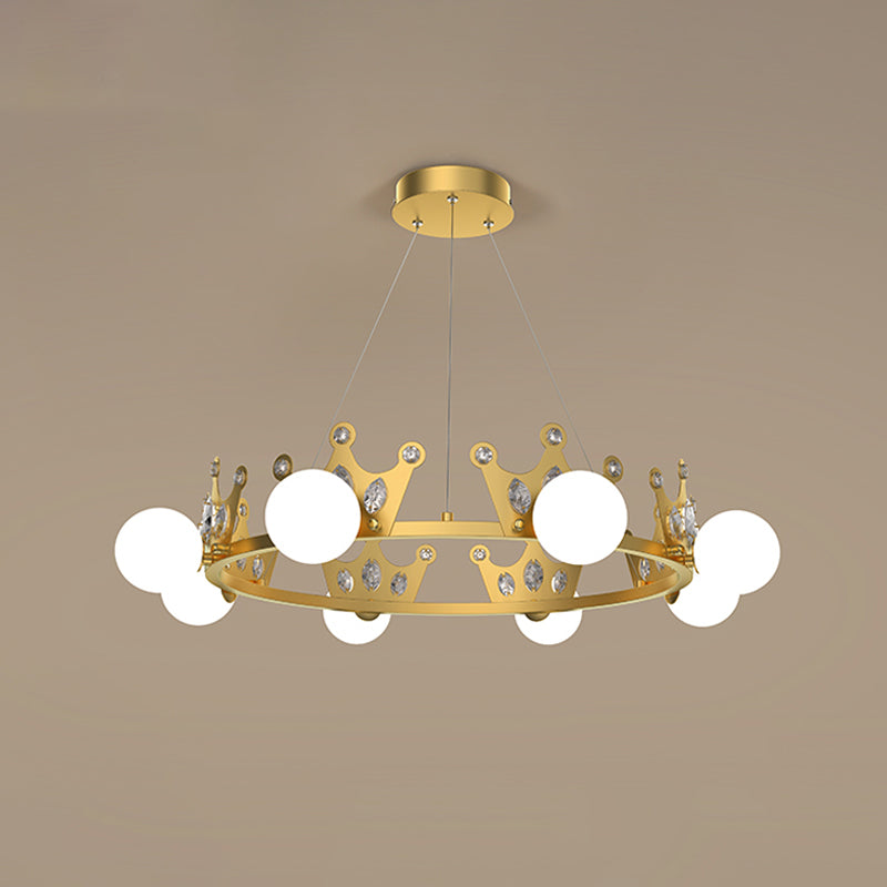 Gold Metal Crown Chandelier Lamp for Kids - 5/8 Lights, Hanging Pendant with Frosted Glass Ball Shade