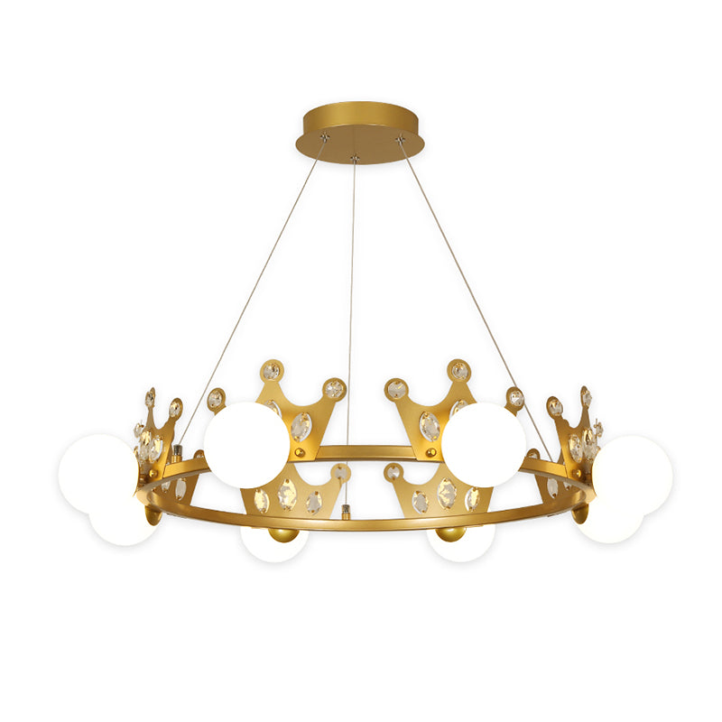 Gold Metal Crown Chandelier Lamp for Kids - 5/8 Lights, Hanging Pendant with Frosted Glass Ball Shade