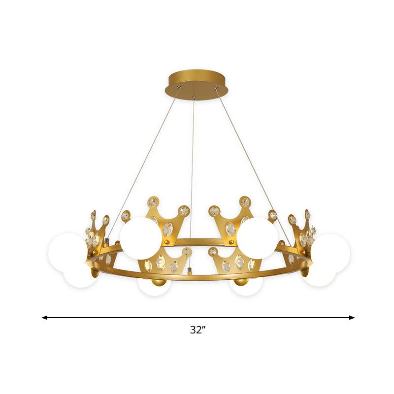 Gold Metal Crown Chandelier Lamp for Kids - 5/8 Lights, Hanging Pendant with Frosted Glass Ball Shade