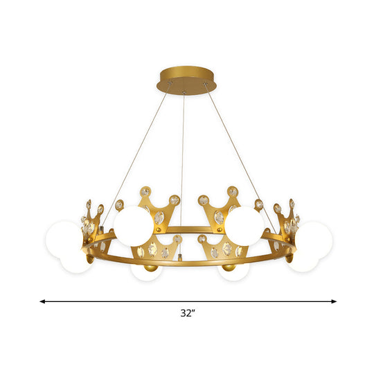 Gold Metal Crown Chandelier Lamp for Kids - 5/8 Lights, Hanging Pendant with Frosted Glass Ball Shade