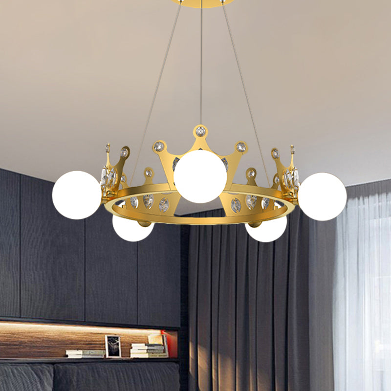 Gold Metal Crown Chandelier Lamp for Kids - 5/8 Lights, Hanging Pendant with Frosted Glass Ball Shade