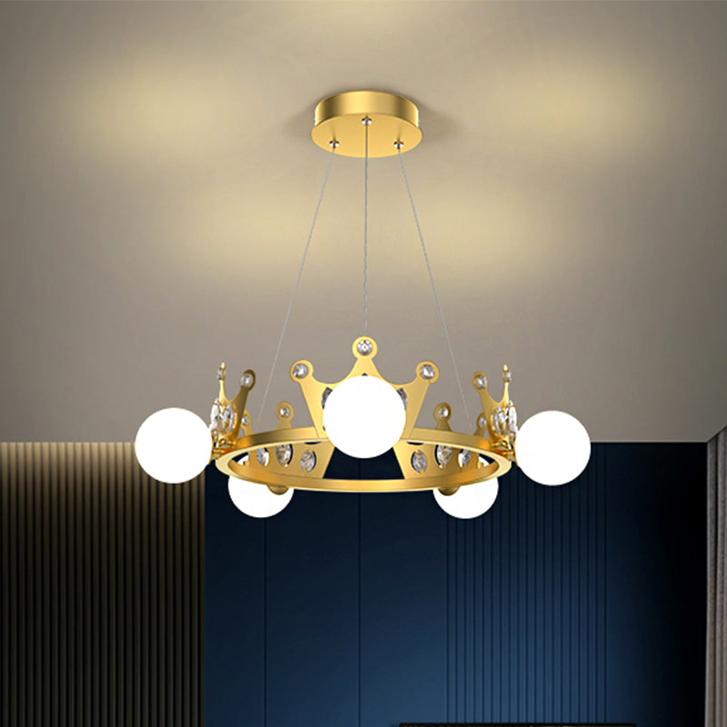Gold Metal Crown Chandelier Lamp for Kids - 5/8 Lights, Hanging Pendant with Frosted Glass Ball Shade