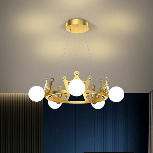 Gold Metal Crown Chandelier Lamp for Kids - 5/8 Lights, Hanging Pendant with Frosted Glass Ball Shade