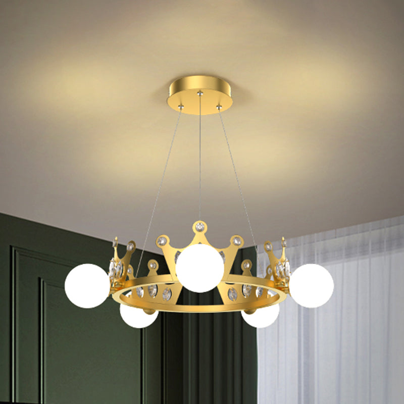 Gold Metal Crown Chandelier Lamp for Kids - 5/8 Lights, Hanging Pendant with Frosted Glass Ball Shade