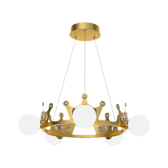 Gold Metal Crown Chandelier Lamp for Kids - 5/8 Lights, Hanging Pendant with Frosted Glass Ball Shade