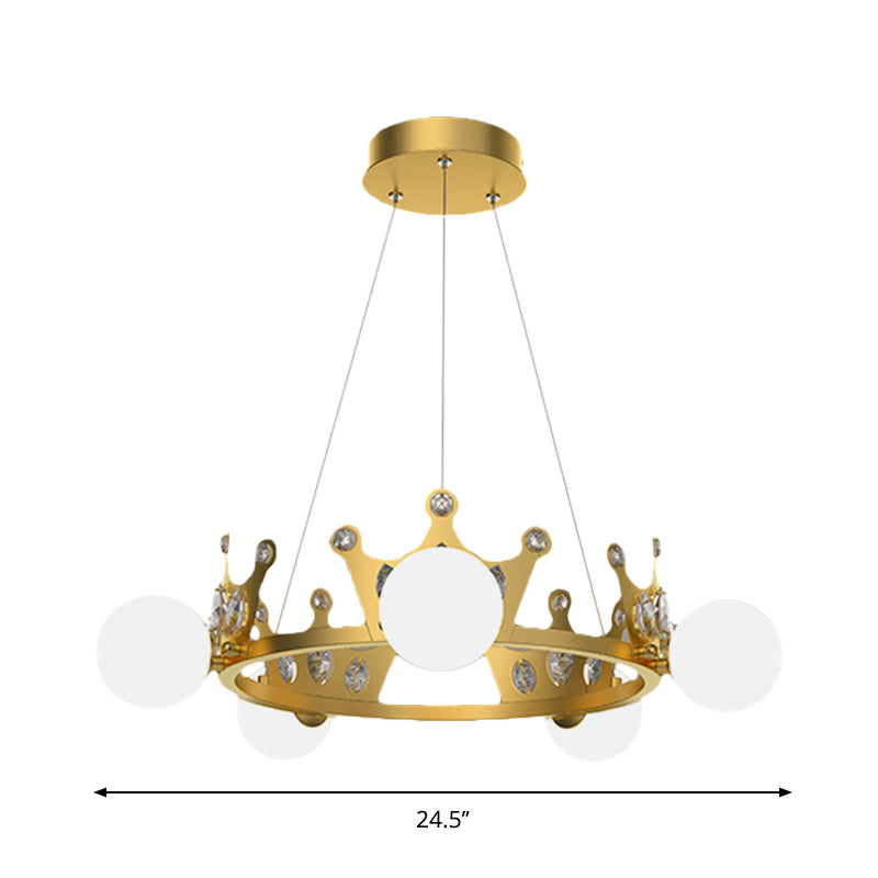 Gold Metal Crown Chandelier Lamp for Kids - 5/8 Lights, Hanging Pendant with Frosted Glass Ball Shade